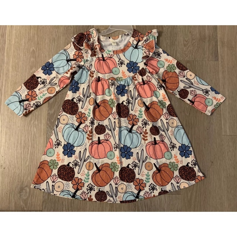 New Boutique Girl’s Size 110 (4-5) Colorful Pumpkin Long Sleeve Fall Dress